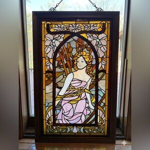 Vintage Art Nouveau Style Stain Glass Panel Woman Motif Large Hanging Art 23x36
